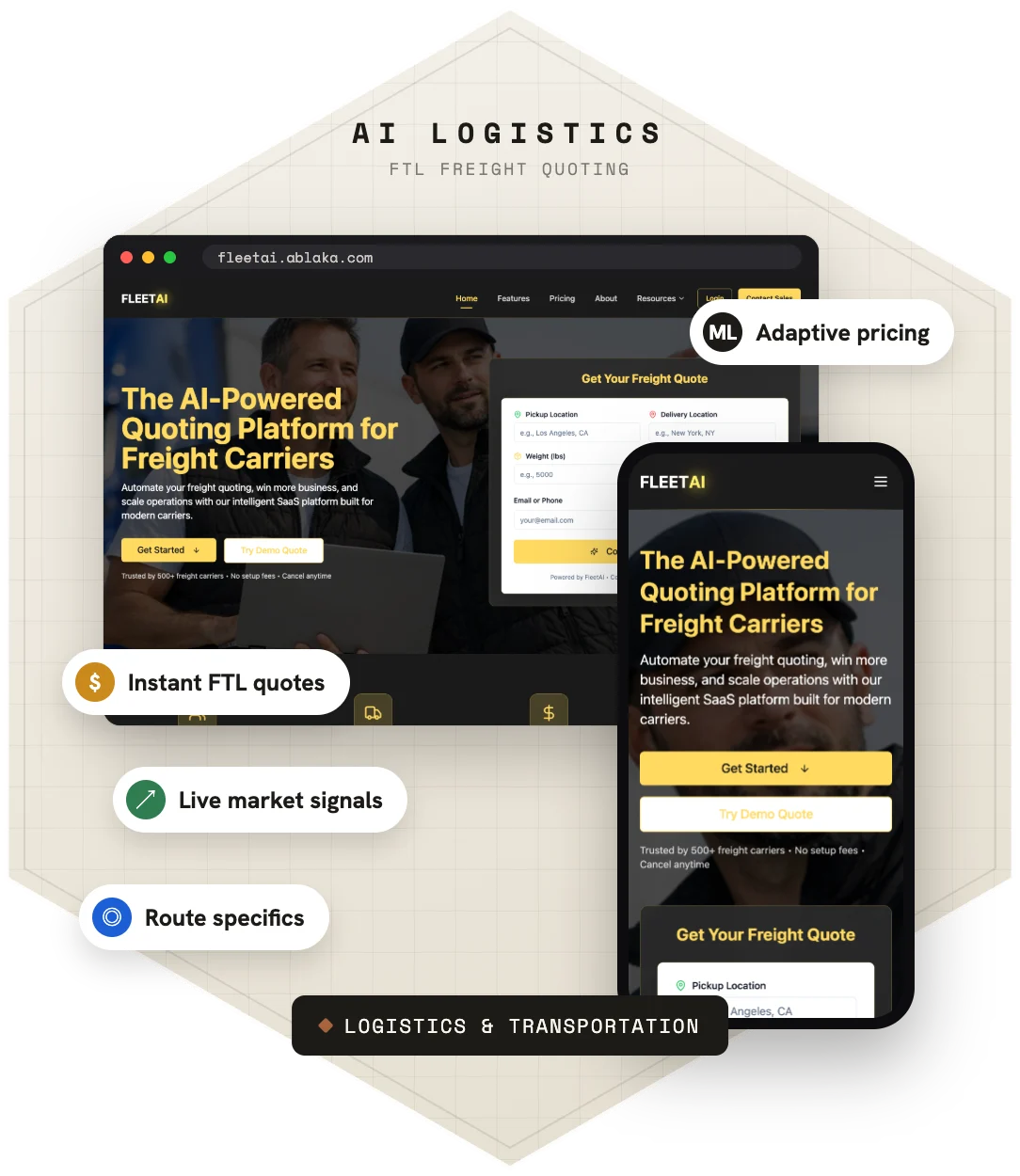 AI Logistics Solutions — product screens on desktop and phone