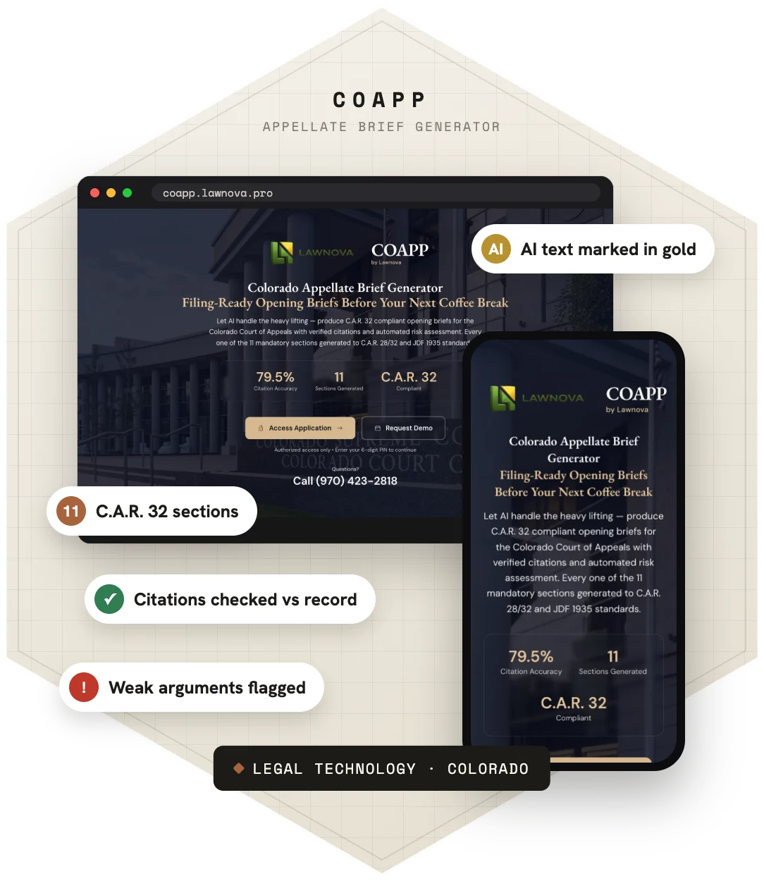 COAPP - Legal Brief Generator — product screens on desktop and phone