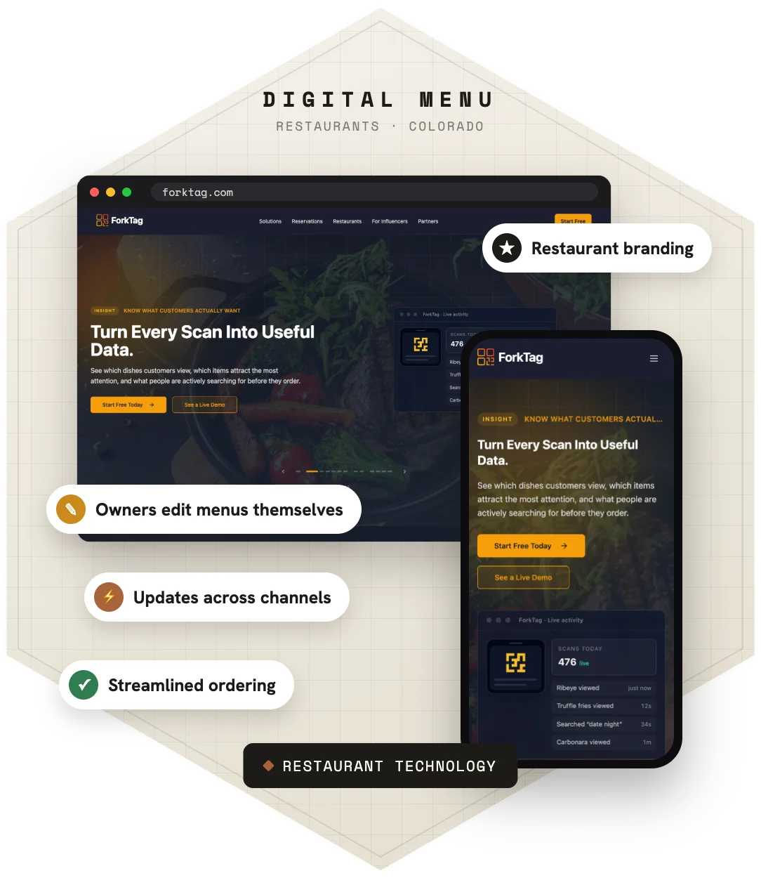 Digital Menu Platform — product screens on desktop and phone