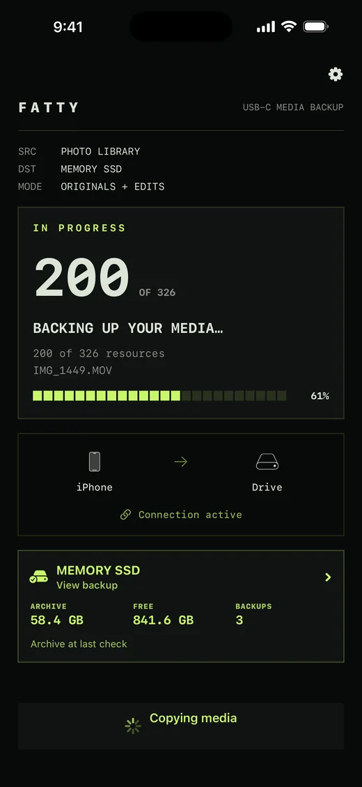 Backup in progress — 200 of 326 items