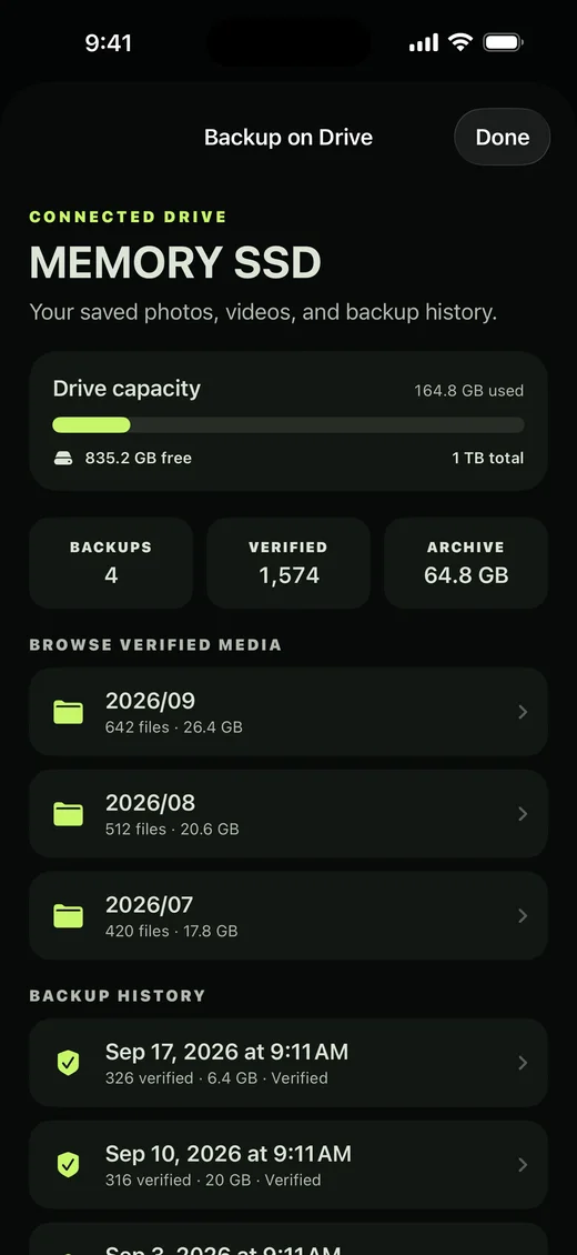 Backup on drive — capacity, verified media and history