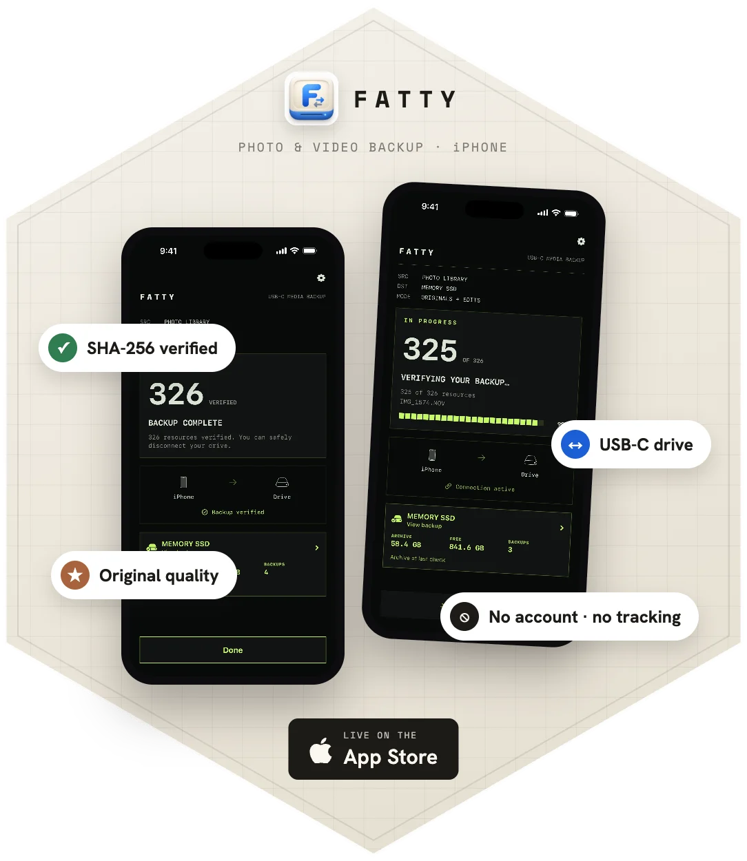 Fatty on iPhone — backup complete and verification screens