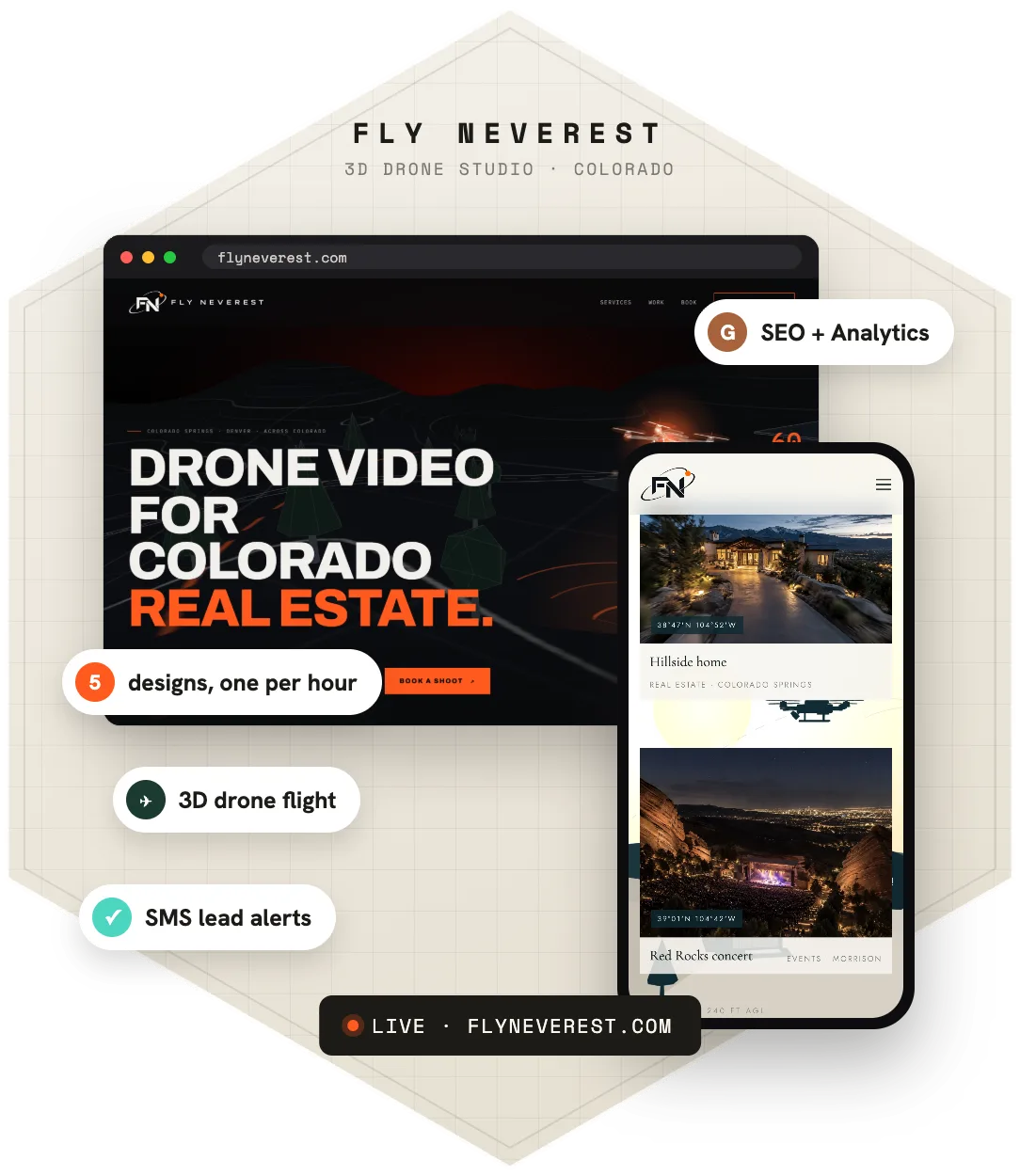 Fly Neverest website on desktop and phone — 3D drone hero and example shots