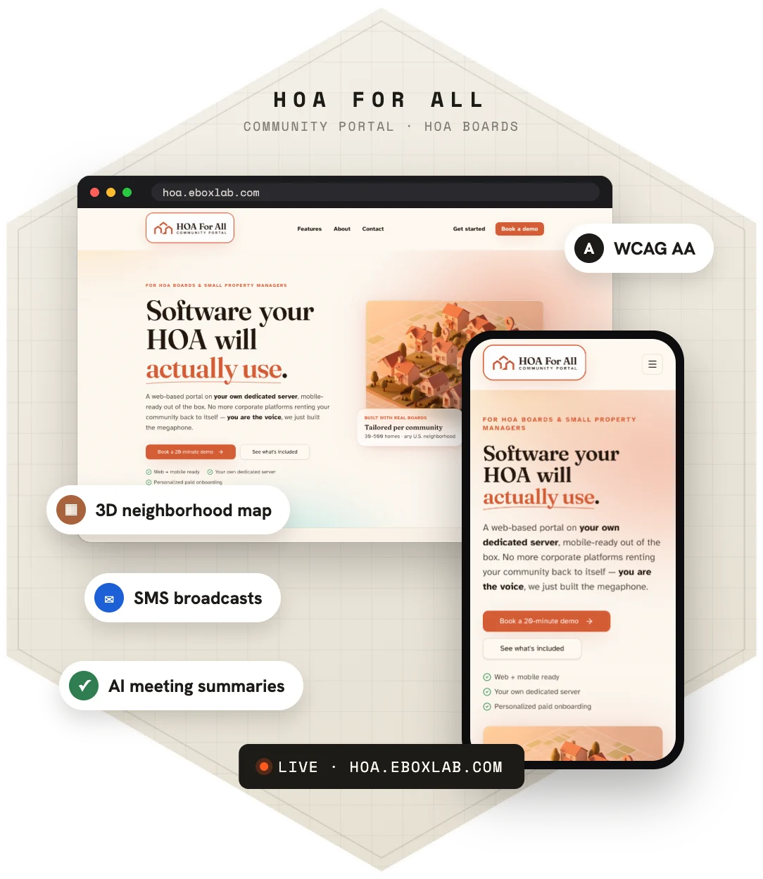 HOA For All — product screens on desktop and phone
