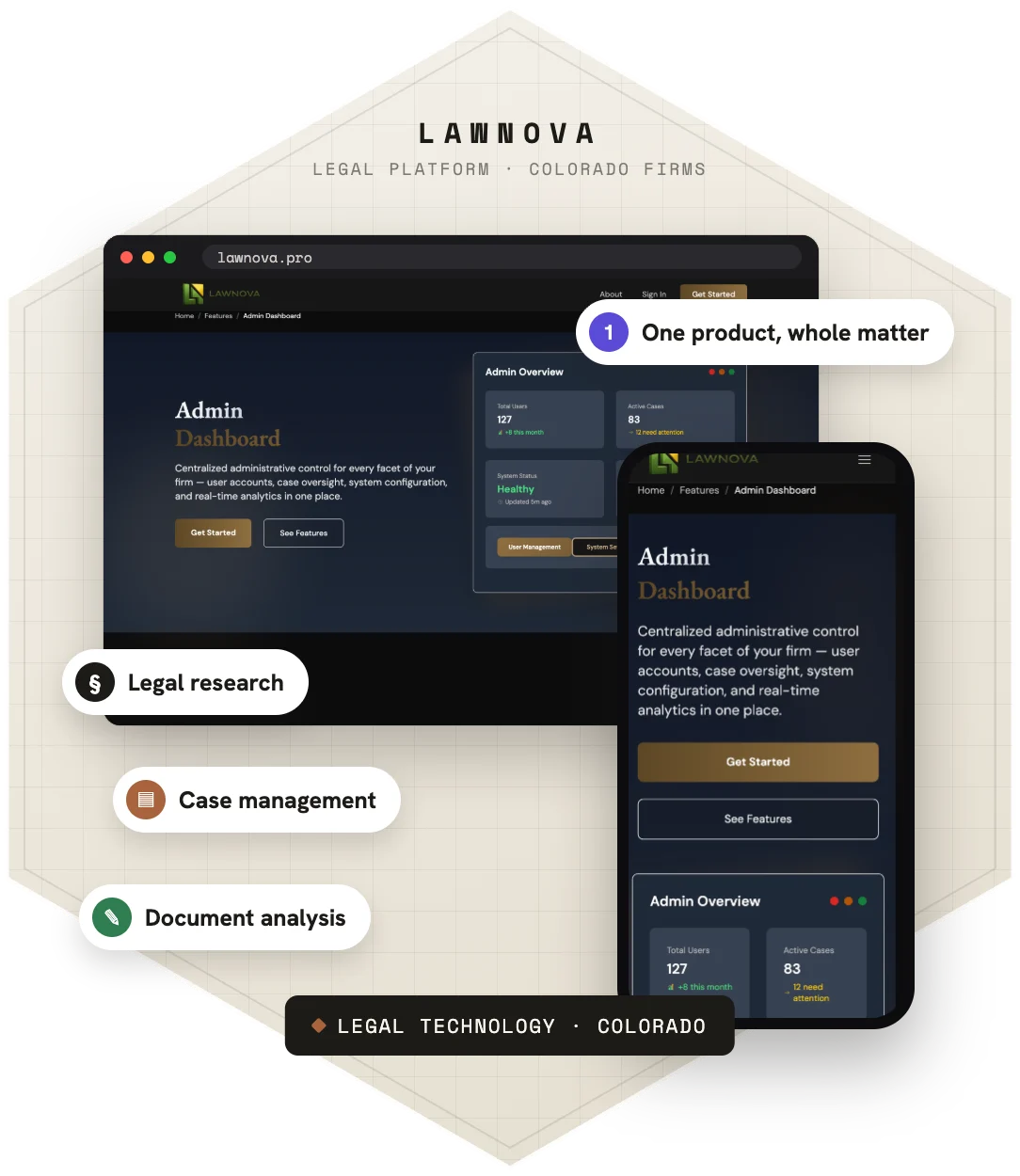 Lawnova — product screens on desktop and phone