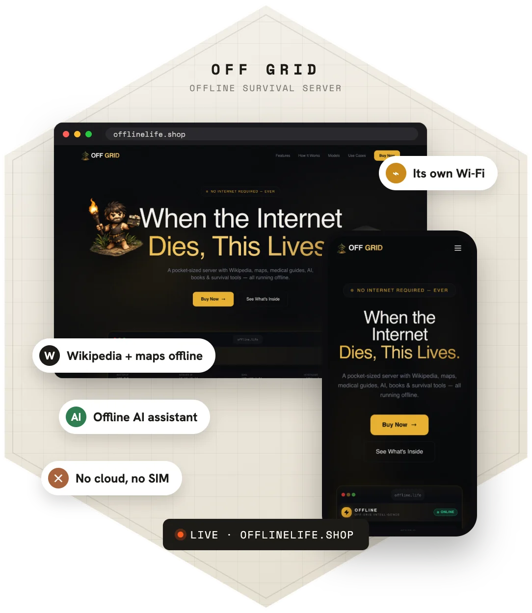Off Grid — product screens on desktop and phone