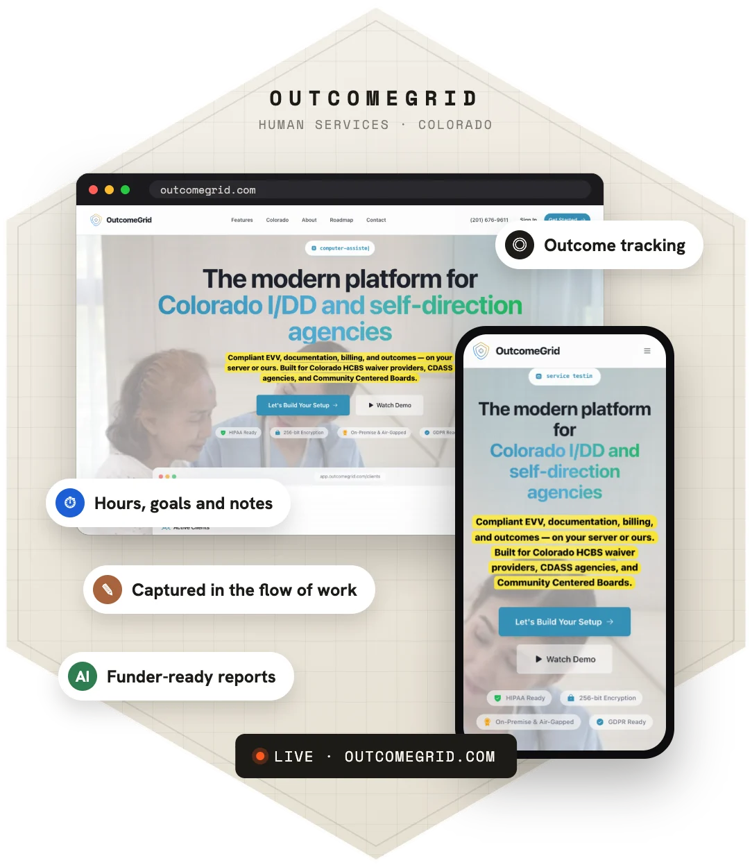 OutcomeGrid - AI Service Documentation — product screens on desktop and phone