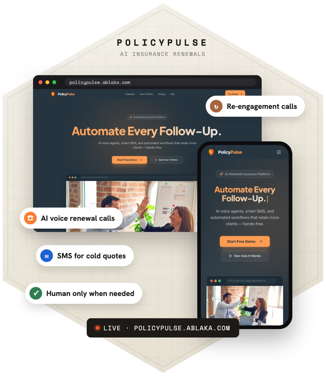 PolicyPulse — product screens on desktop and phone