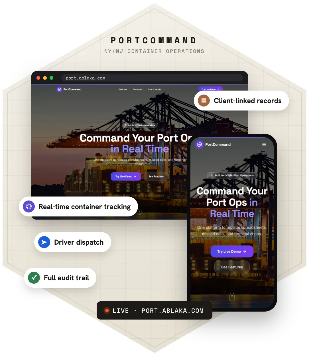 PortCommand — product screens on desktop and phone
