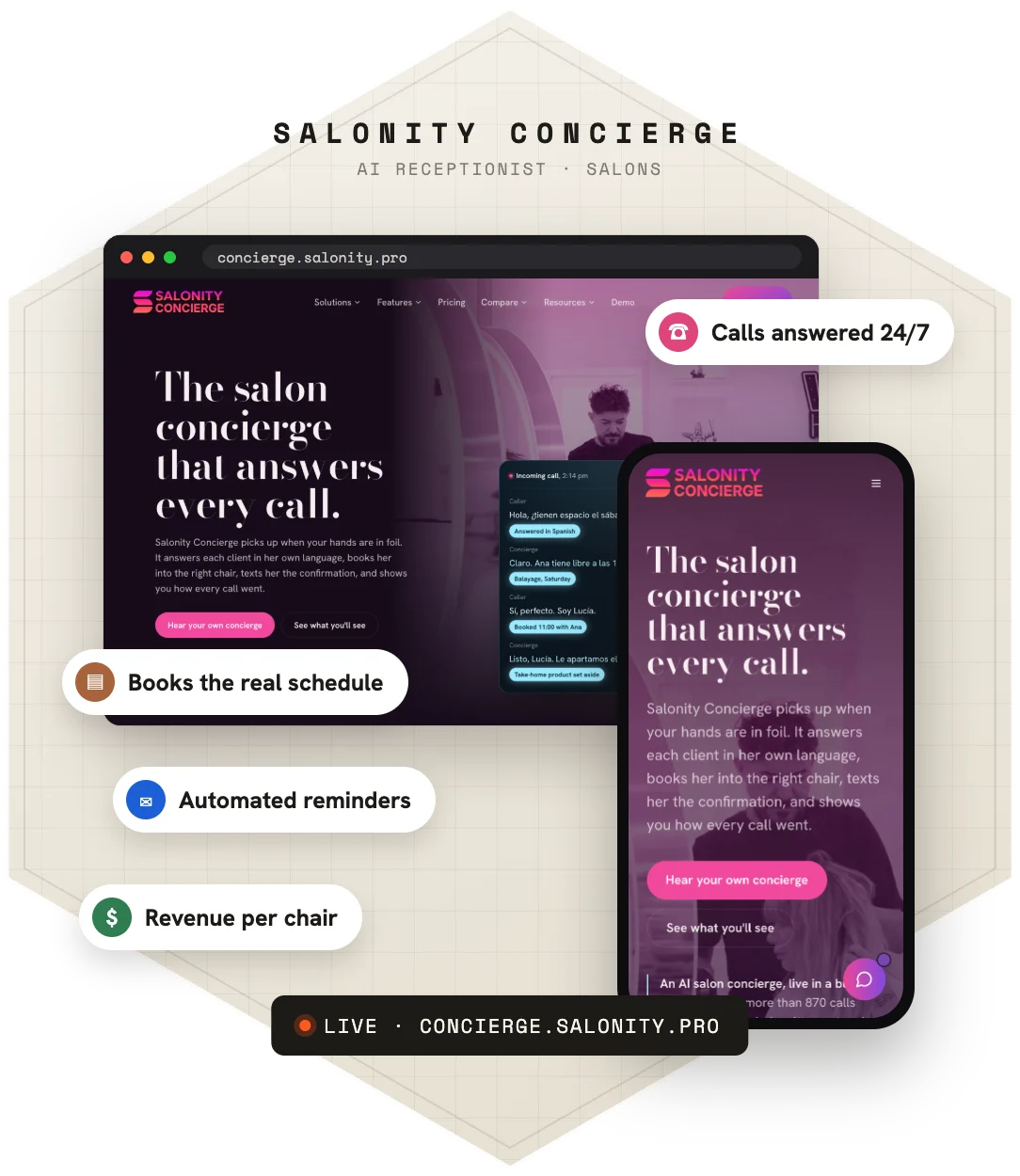 Salonity Concierge — product screens on desktop and phone