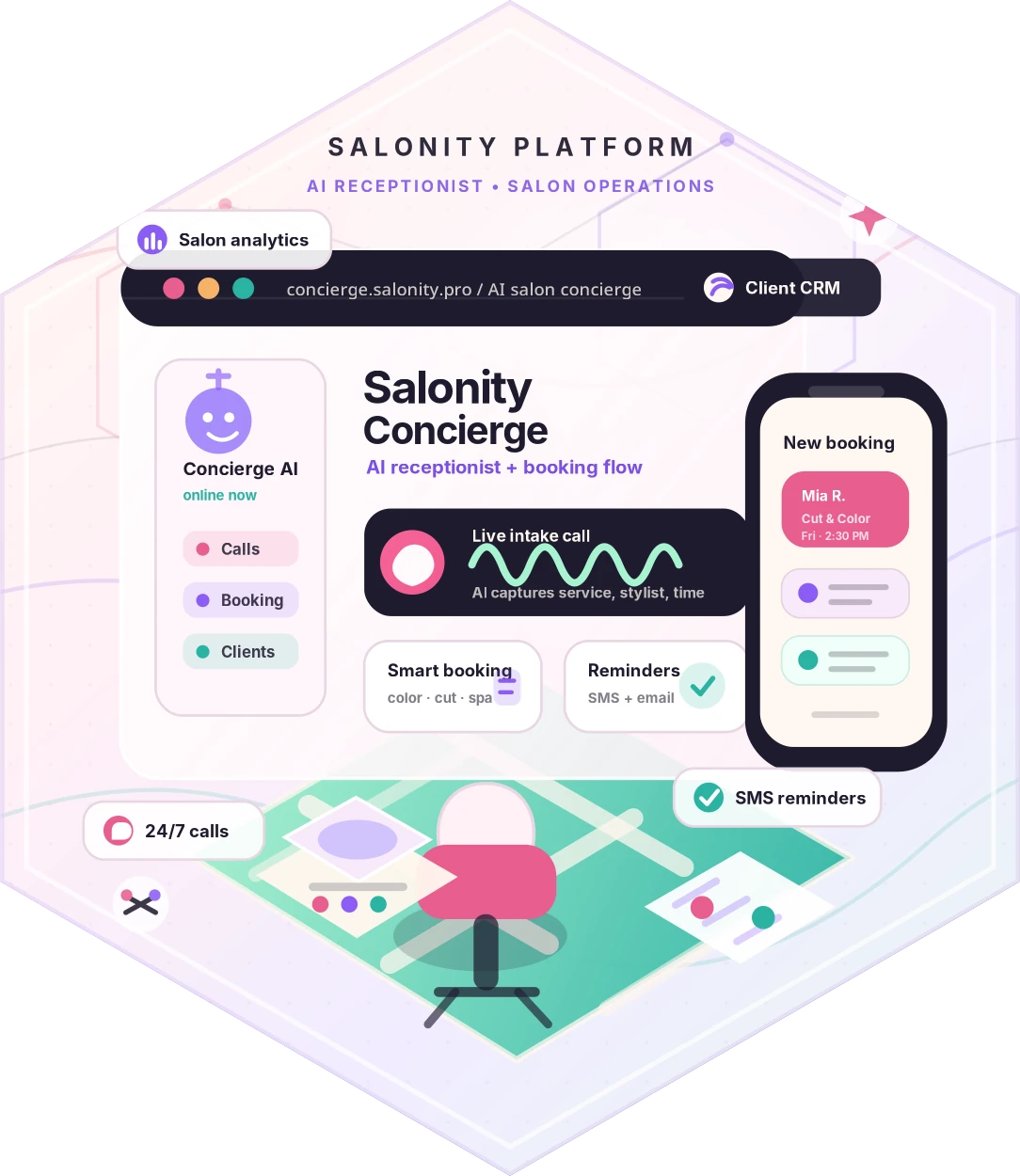 Salonity — product screens on desktop and phone