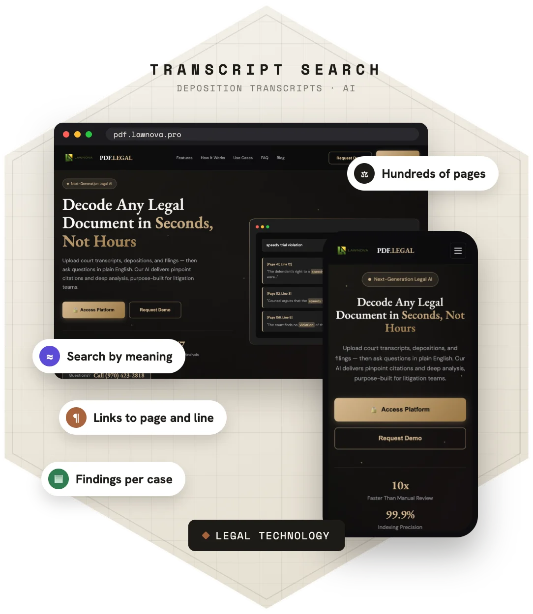 Transcript Search Portal — product screens on desktop and phone